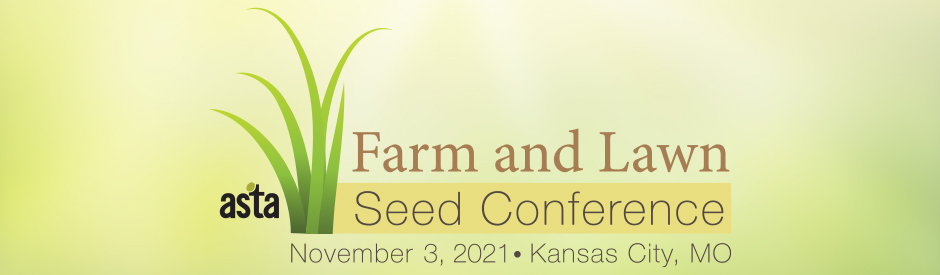 conference logo in shades of green. ASTA logo with cartoon blades of grass next to it. Farm and Lawn Seed Conference November 3, 2021 Kansas City, MO